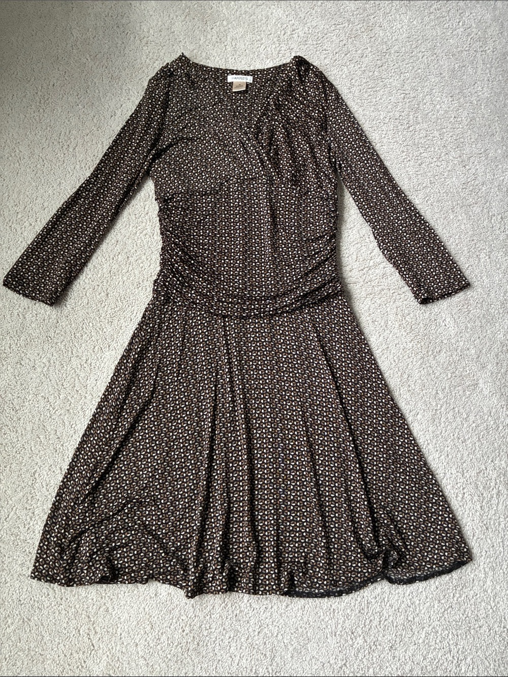 Harold’s stretchy A-line Brown Printed 3/4 Long-Sleeve Wrap Dress size M